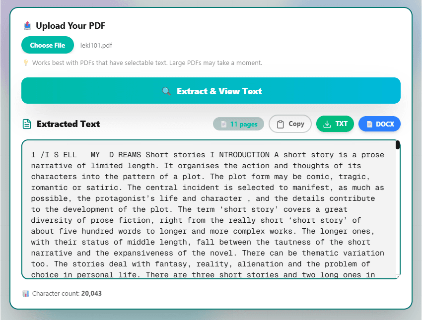 FlexoTools PDF Text Extractor showing extracted text from an 11-page PDF with Copy, TXT and DOCX download options