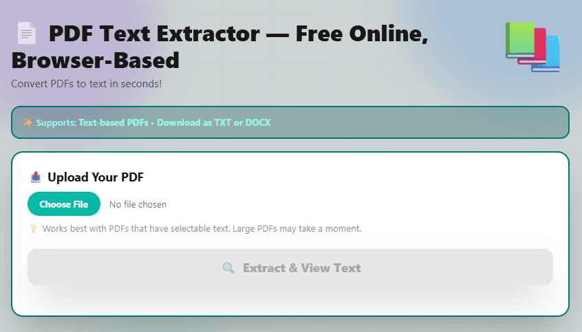 FlexoTools PDF Text Extractor showing the upload interface before a file is selected