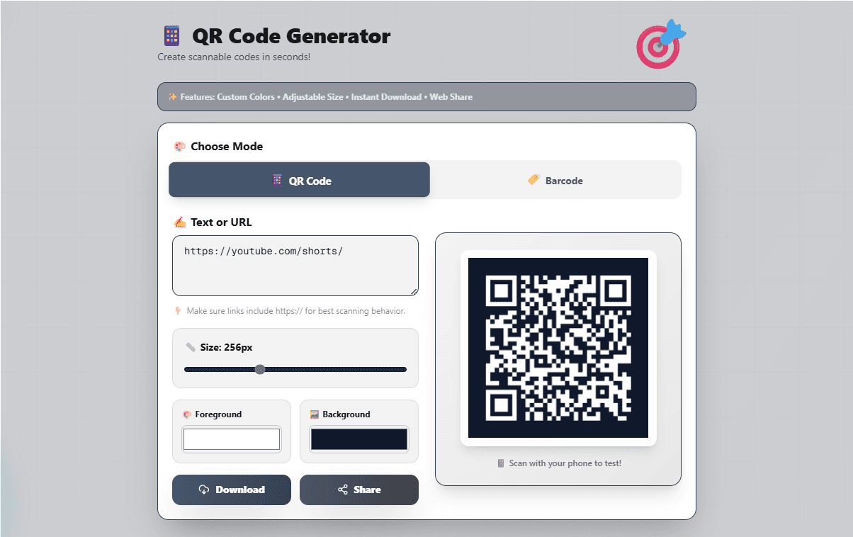 FlexoTools QR Code Generator showing a QR code generated for a YouTube Shorts URL with custom size controls
