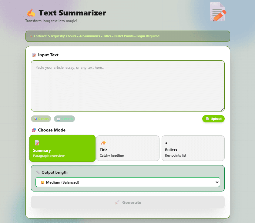 FlexoTools Text Summarizer showing the empty input state with Summary, Title and Bullets mode options