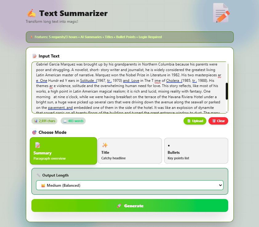 FlexoTools Text Summarizer with a 483-word article pasted in, showing character and word count, ready to generate