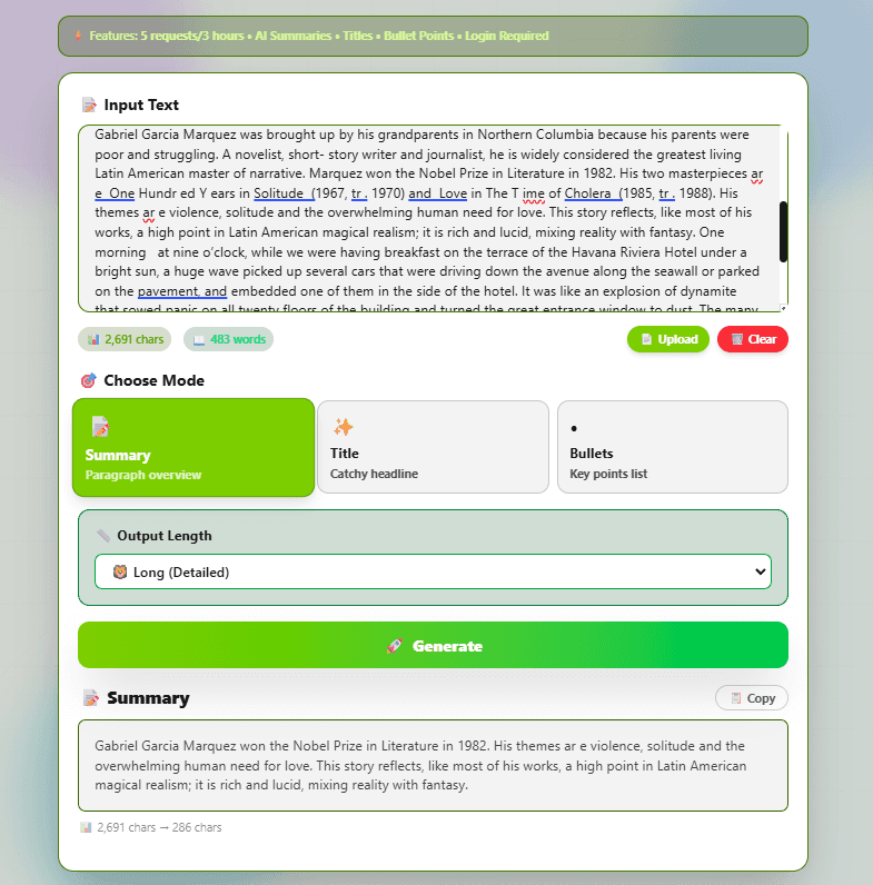 FlexoTools Text Summarizer showing a completed summary of a Gabriel Garcia Marquez text, compressed from 2,691 to 286 characters