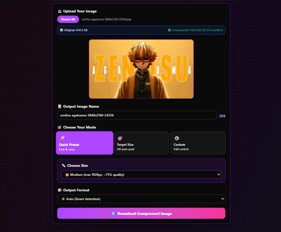 FlexoTools showing compression result: original 4141.5 kB compressed to 109.8 kB, 97.3% smaller
